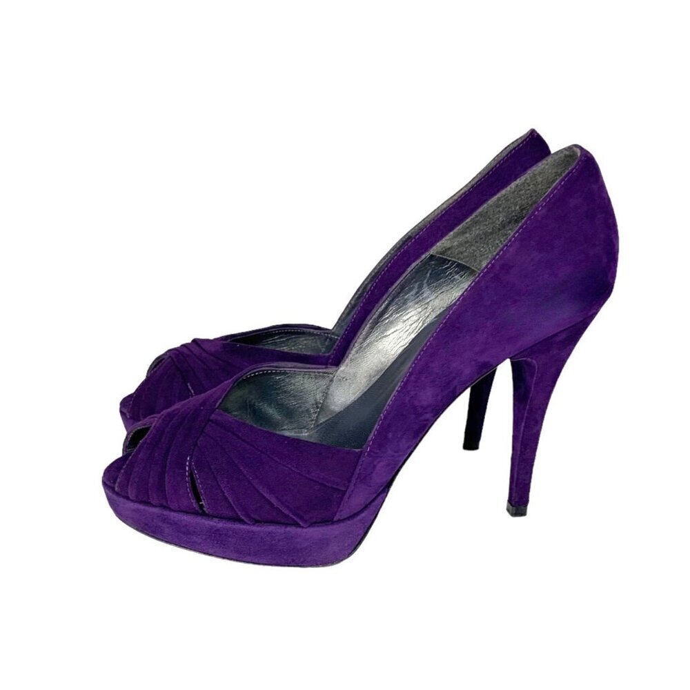 Stuart Weitzman Purple Suede Peep-Toe Heels - Picture 3 of 15